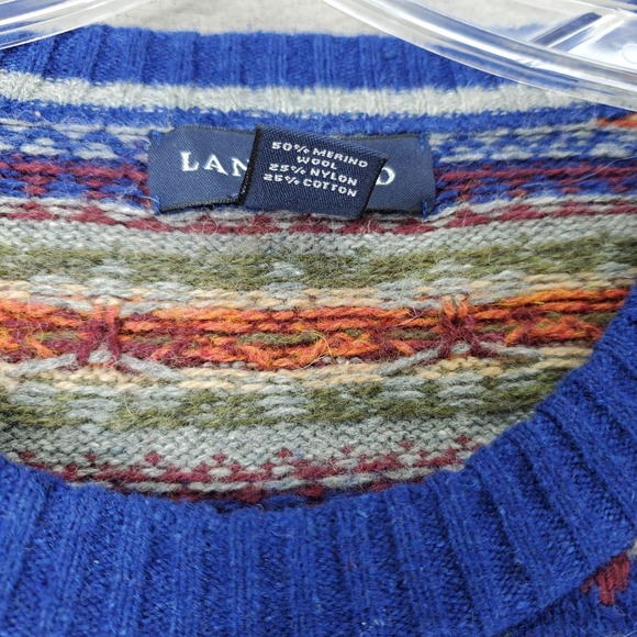 Lands End Fair Isle Knit Sweater Mens L Merino Wool Multicolor Striped Crew Neck - Picture 3 of 6
